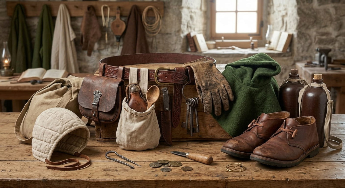 A collection of medieval or fantasy gear laid out on a rustic wooden table, including leather boots, a green hooded tunic, leather pouches, a carved belt, keys, coins, and ceramic canteens.   