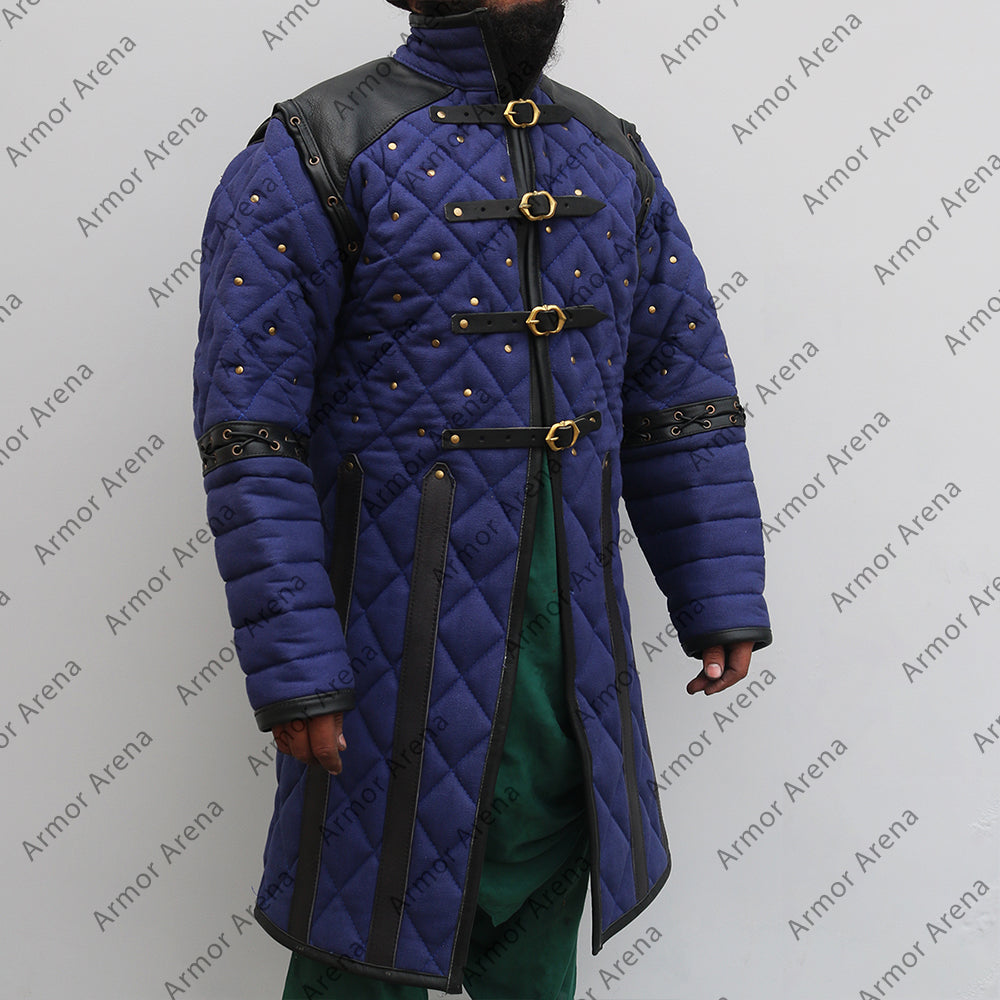 Medieval Viking Padded Gambeson With Leather Trim