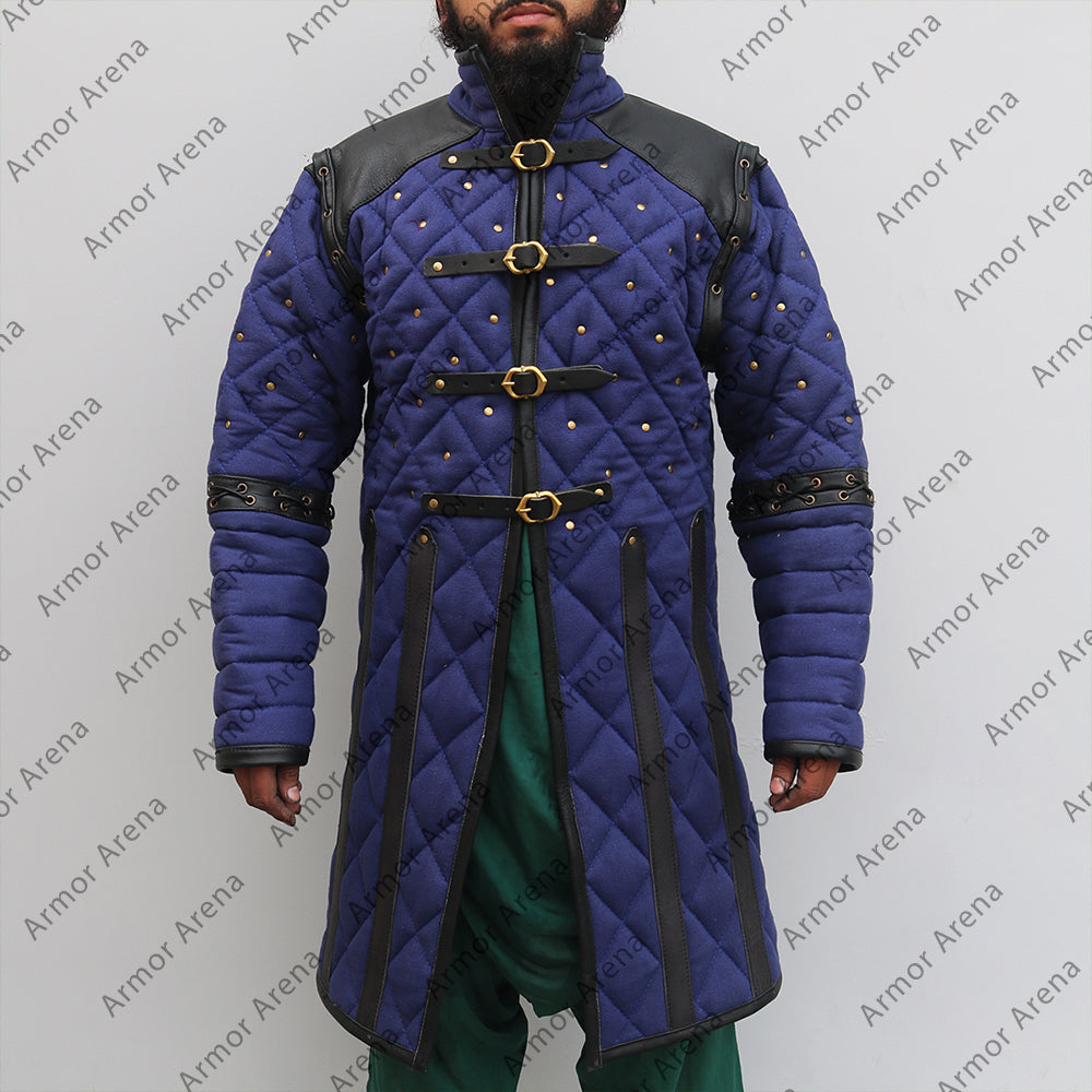 Medieval Viking Padded Gambeson With Leather Trim